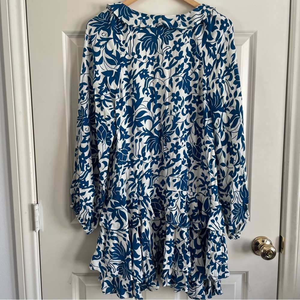 Free People Rebecca Blue and White Ruffled Floral Long Sleeve Dress Size M - Picture 9 of 14